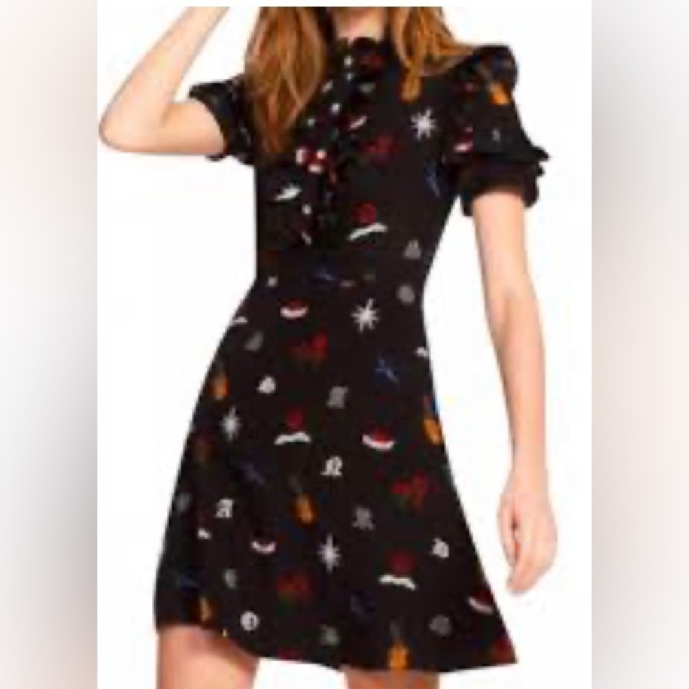 SANDRO PARIS Sz 3 (EU) Tattoo Print Ruffles Neckline Sleeves A-Line Dress